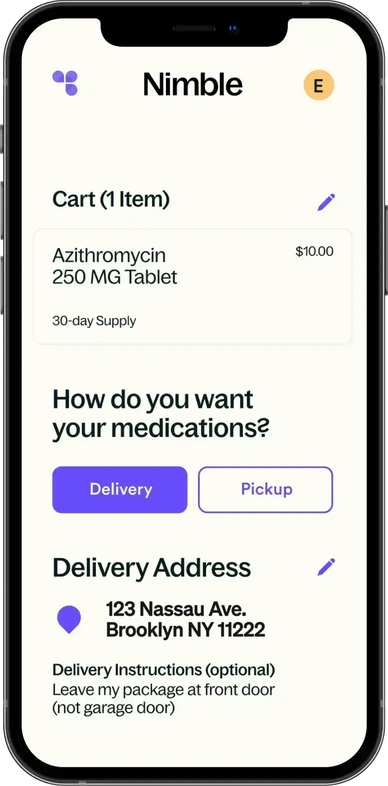 Nimble pharmacy app on a phone showing a cart with a prescription and delivery options